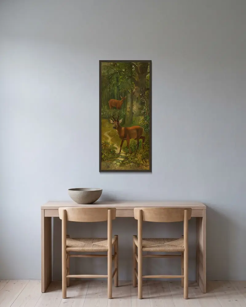 Hirsch am Waldrand von Rosa Bonheur gerahmt an einer Wand