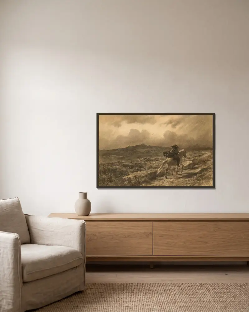 Pferd und Reiter im schottischen Hochland (Das nahende Unwetter) von Rosa Bonheur gerahmt an einer Wand