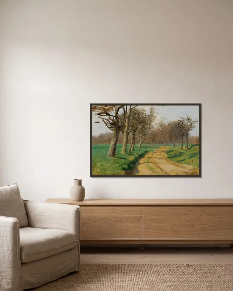 Die Ebene und die Felder (Der gewundene Weg am Waldrand) von Rosa Bonheur gerahmt an einer Wand