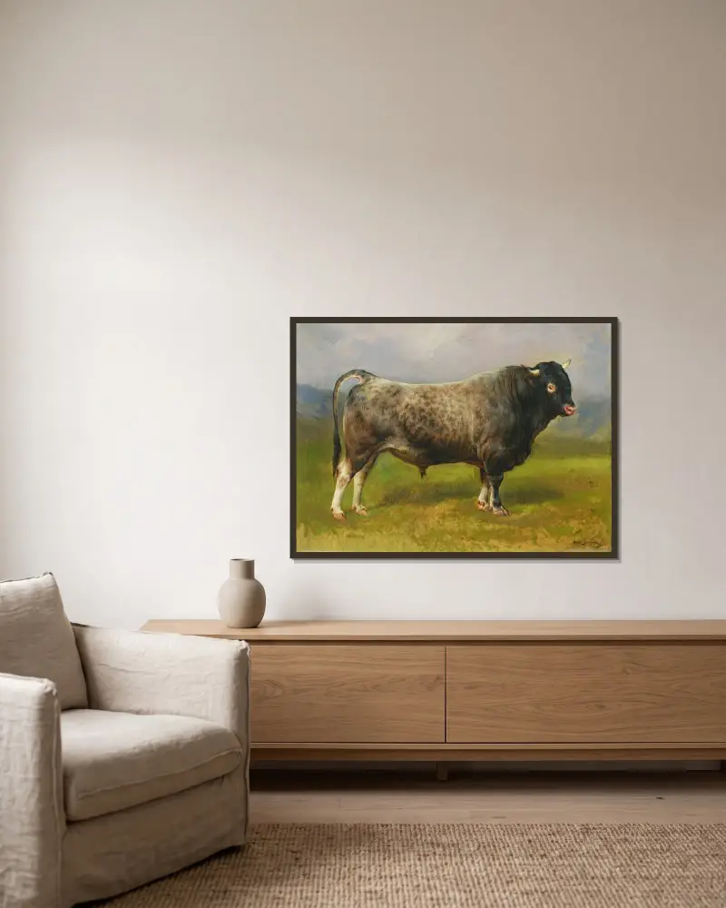 Der graue Stier von Rosa Bonheur gerahmt an einer Wand