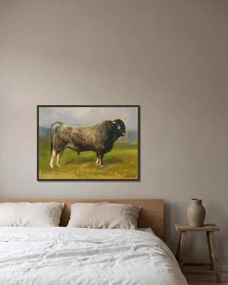 Der graue Stier von Rosa Bonheur gerahmt an einer Wand