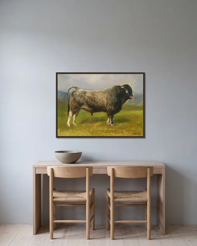 Der graue Stier von Rosa Bonheur gerahmt an einer Wand