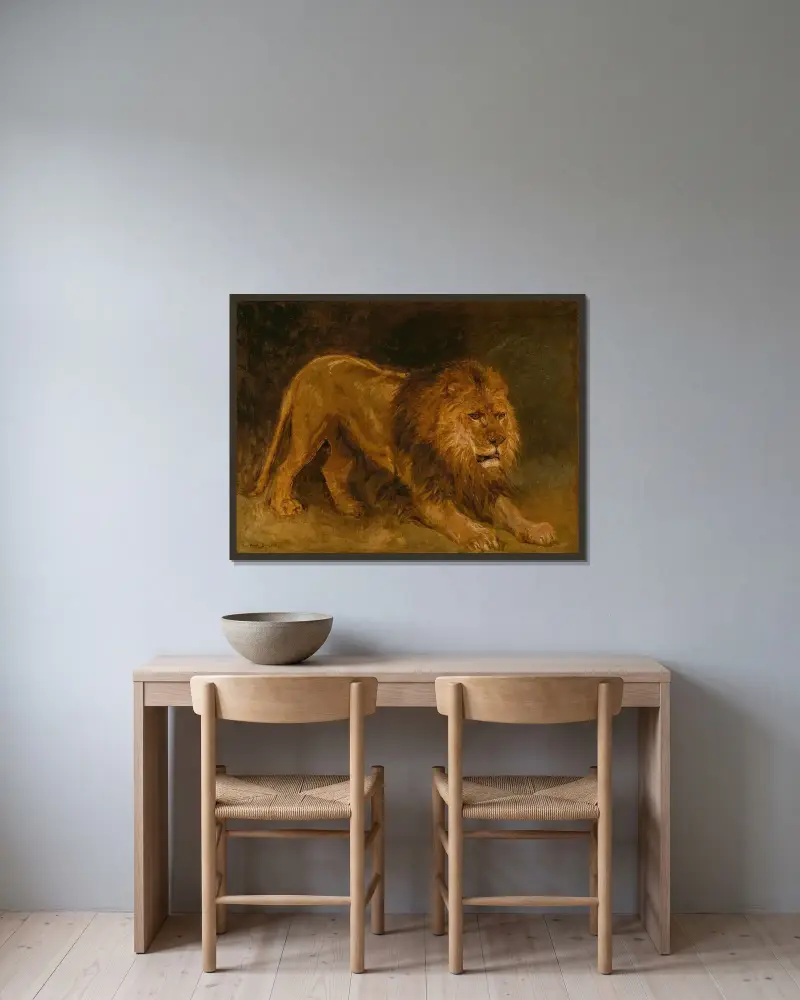 Löwe auf Beute lauernd von Rosa Bonheur gerahmt an einer Wand