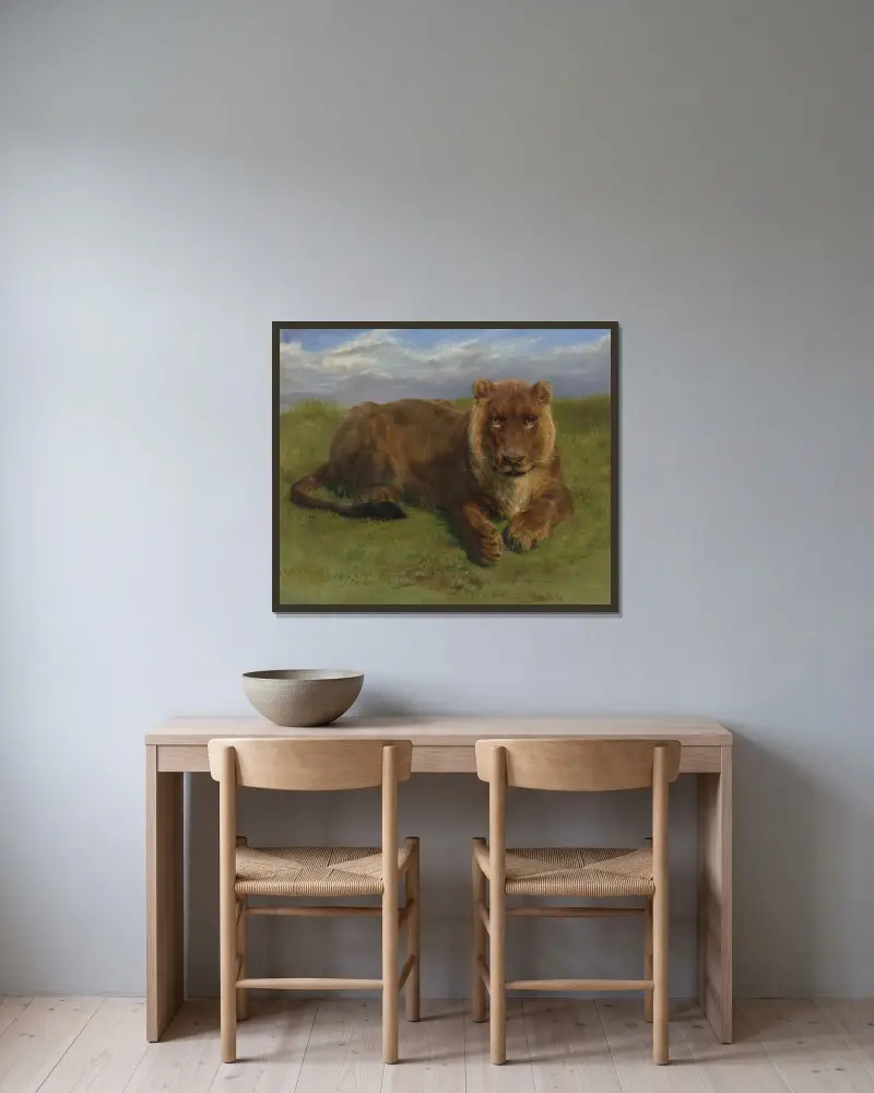Löwin in Ruhe von Rosa Bonheur gerahmt an einer Wand