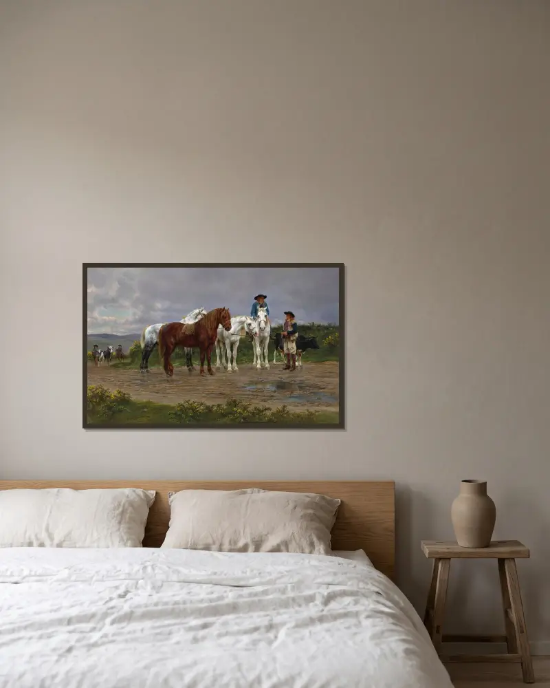 Pyrenäische Bauern auf dem Weg zum Markt von Rosa Bonheur gerahmt an einer Wand