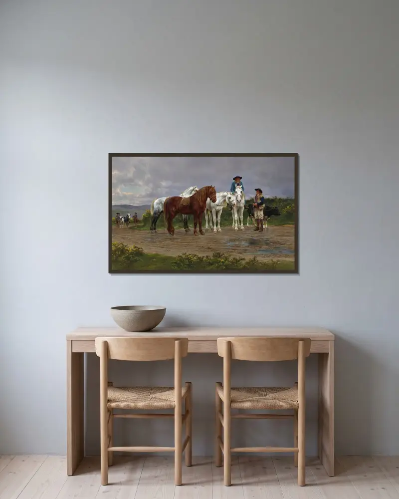 Pyrenäische Bauern auf dem Weg zum Markt von Rosa Bonheur gerahmt an einer Wand