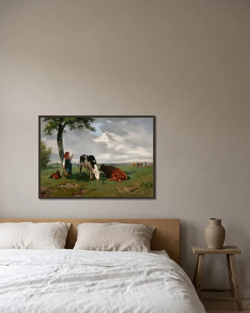 Pasterka i dwie krowy na łące, Rosa Bonheur w ramie na ścianie