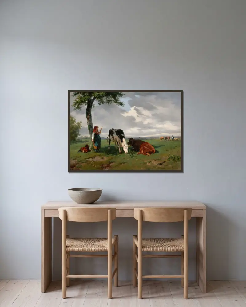 Pasterka i dwie krowy na łące, Rosa Bonheur w ramie na ścianie