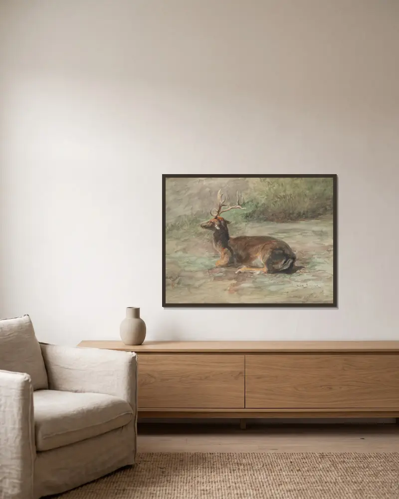 Liegender Hirsch von Rosa Bonheur gerahmt an einer Wand
