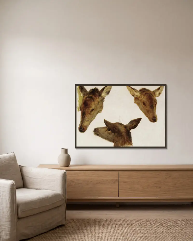 Study Of Deer Heads av Rosa Bonheur inramad på en vägg