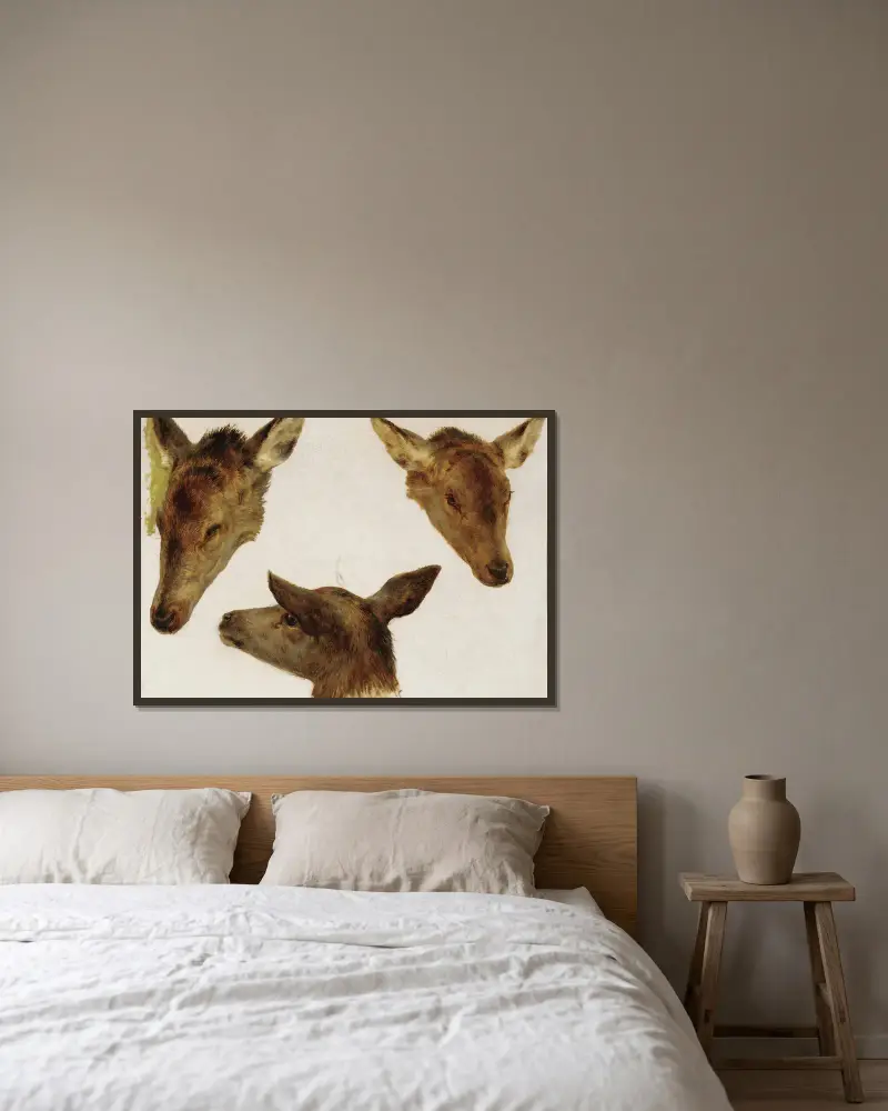 Study Of Deer Heads av Rosa Bonheur inramad på en vägg
