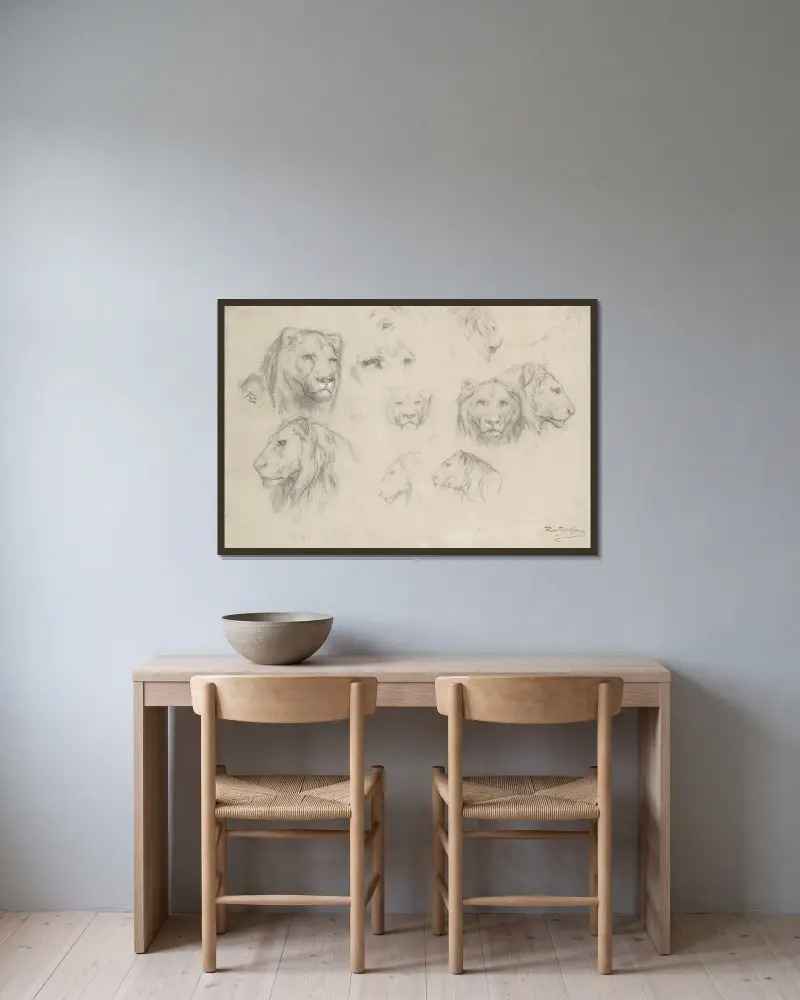 Studie von Löwen und Löwinnen von Rosa Bonheur gerahmt an einer Wand