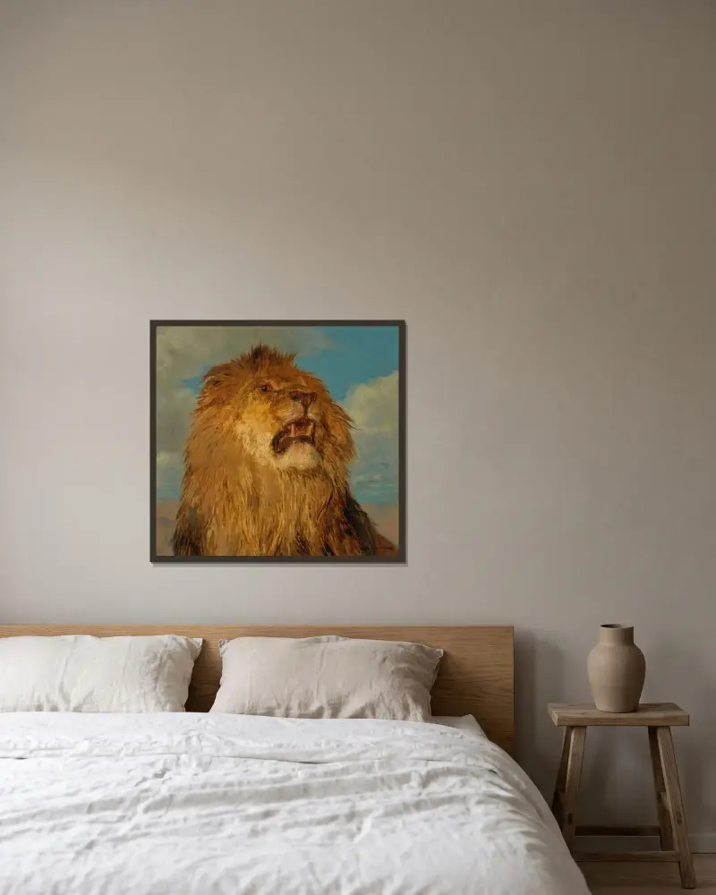 Erhobener Löwenkopf von Rosa Bonheur gerahmt an einer Wand