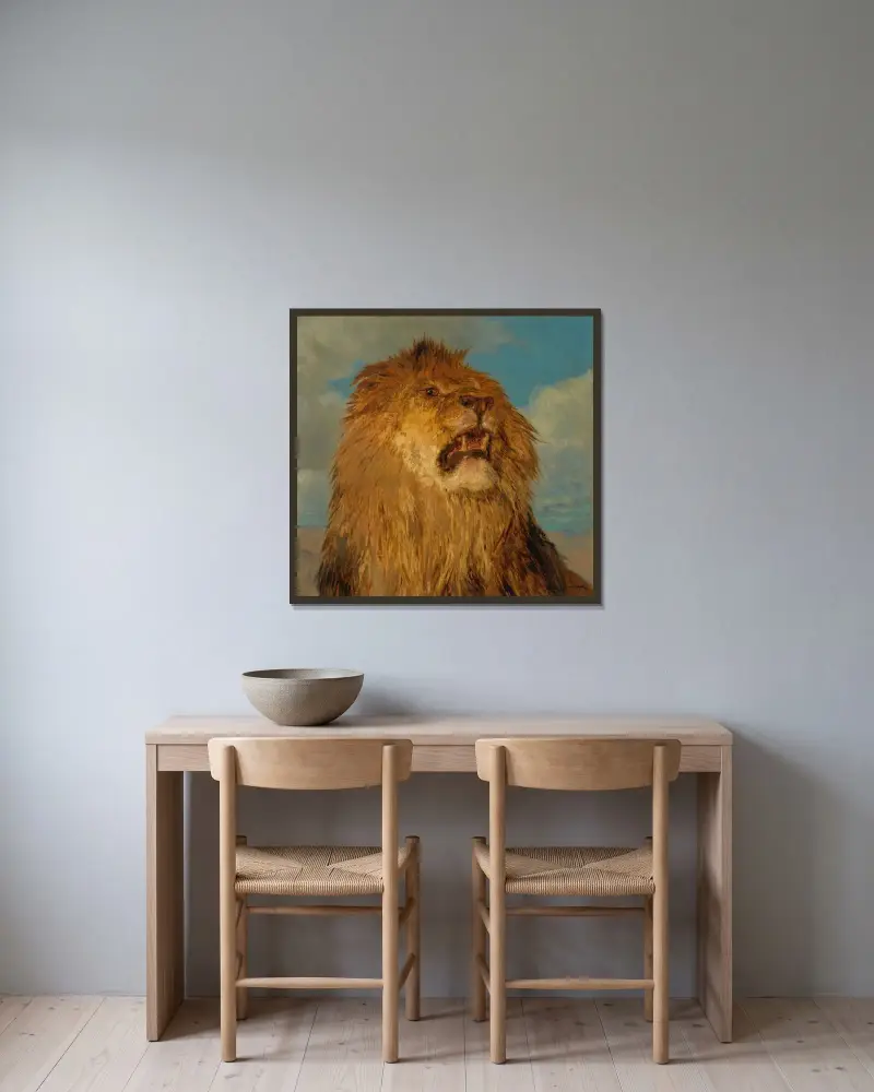 Erhobener Löwenkopf von Rosa Bonheur gerahmt an einer Wand