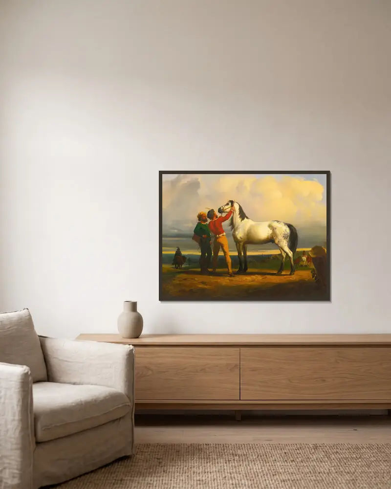 The Grey Horse (At The Horse Fair) av Rosa Bonheur inramad på en vägg