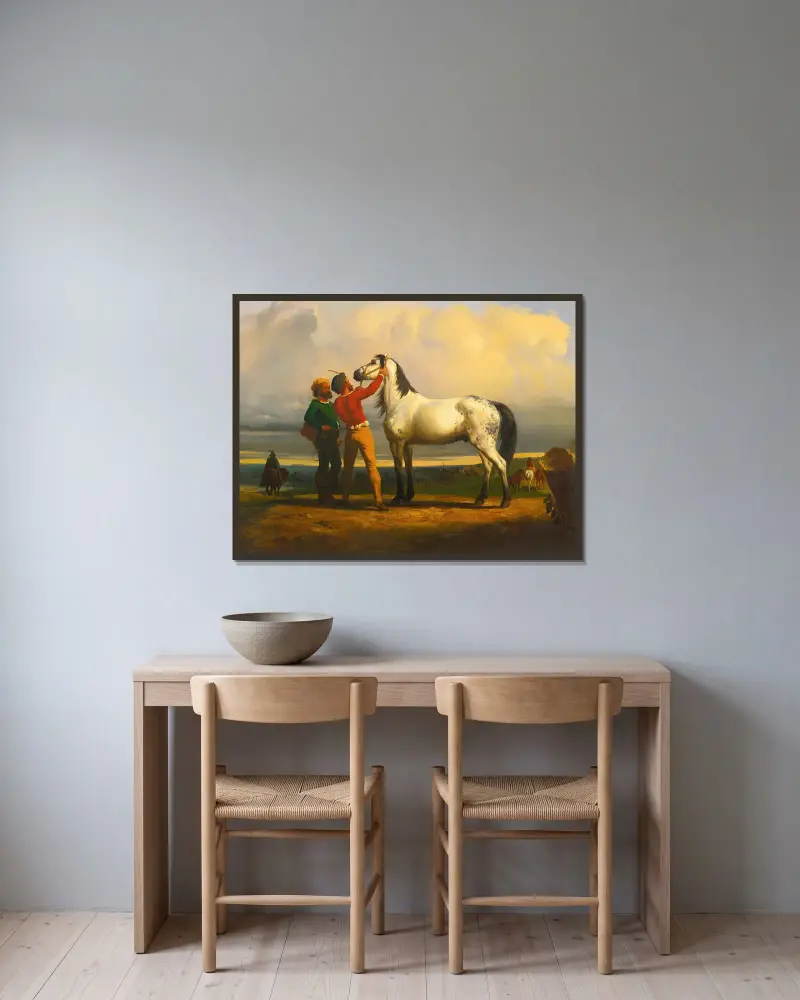 The Grey Horse (At The Horse Fair) av Rosa Bonheur inramad på en vägg
