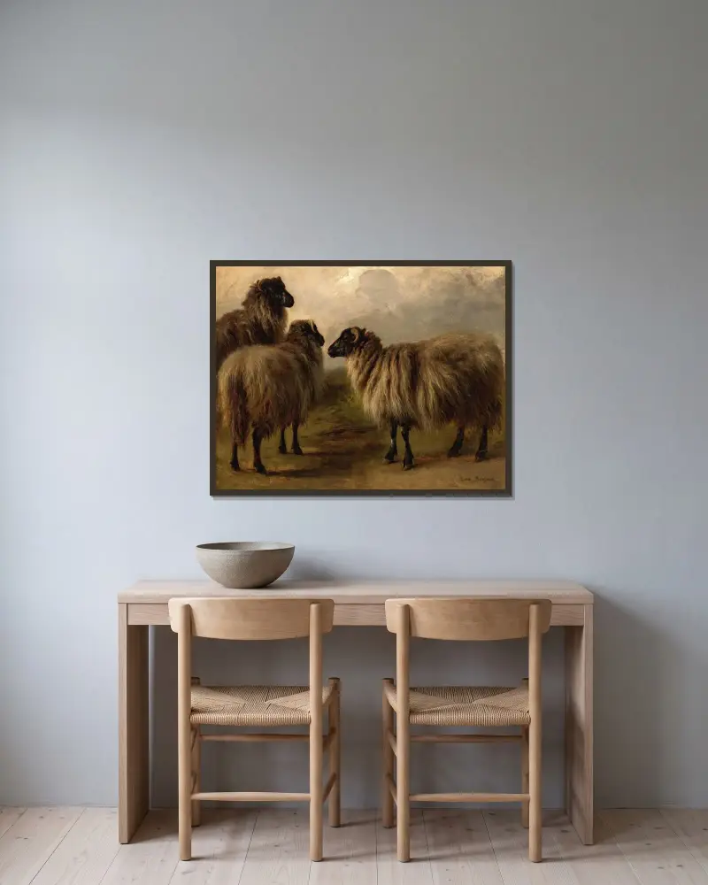Drei wollige Schafe von Rosa Bonheur gerahmt an einer Wand
