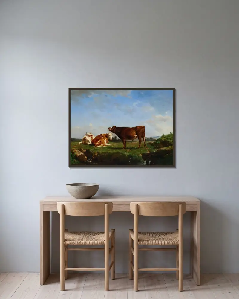 Trzy krowy na pastwisku, Rosa Bonheur w ramie na ścianie