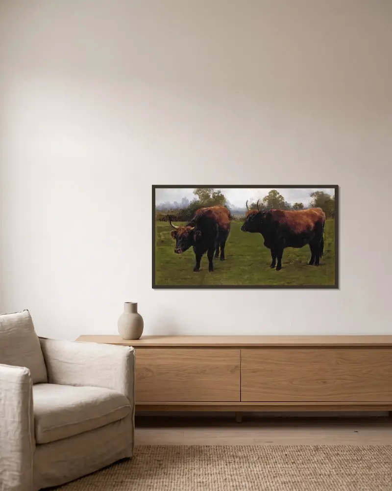 Zwei weidende Stiere von Rosa Bonheur gerahmt an einer Wand