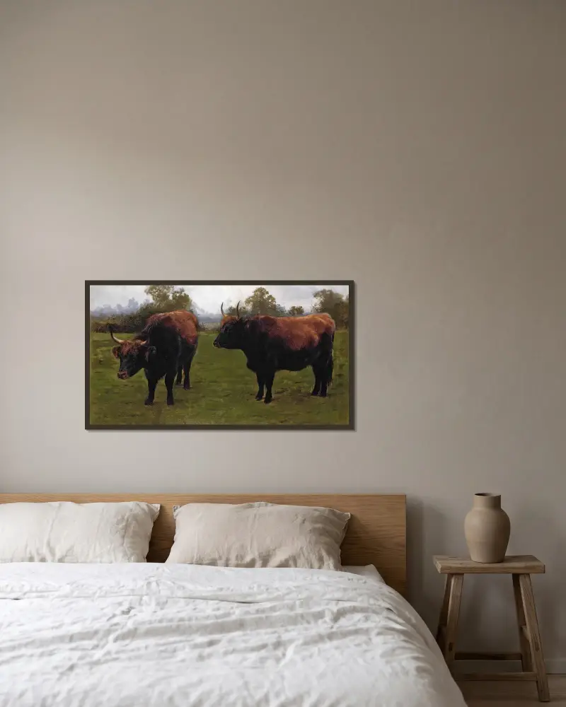 Zwei weidende Stiere von Rosa Bonheur gerahmt an einer Wand