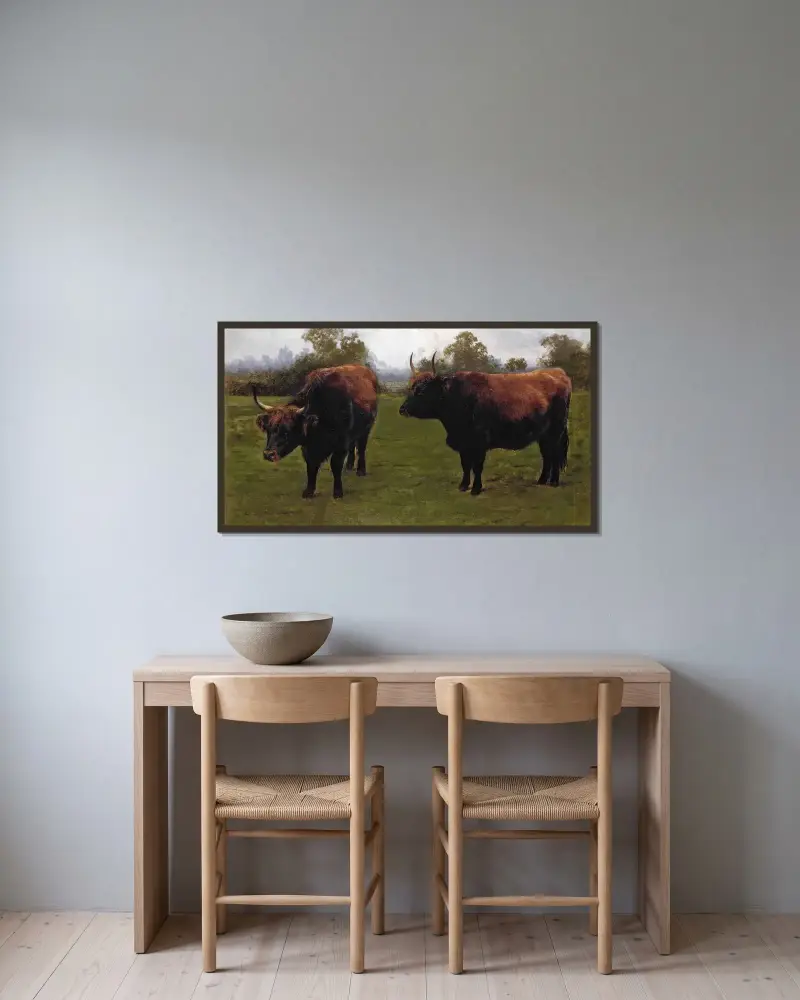 Zwei weidende Stiere von Rosa Bonheur gerahmt an einer Wand
