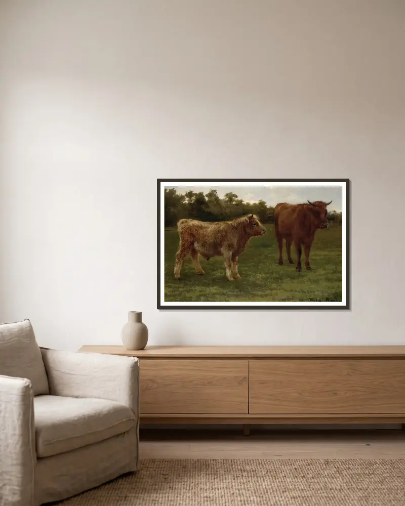 Dwie pasące się krowy, Rosa Bonheur w ramie na ścianie