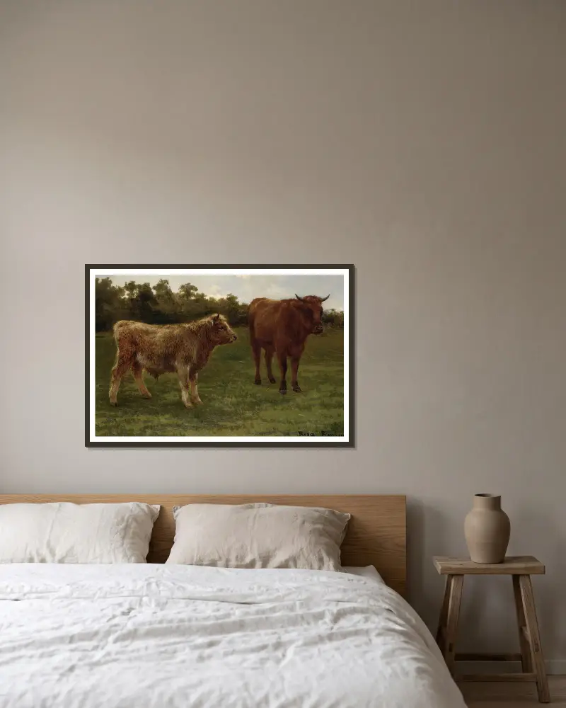 Dwie pasące się krowy, Rosa Bonheur w ramie na ścianie