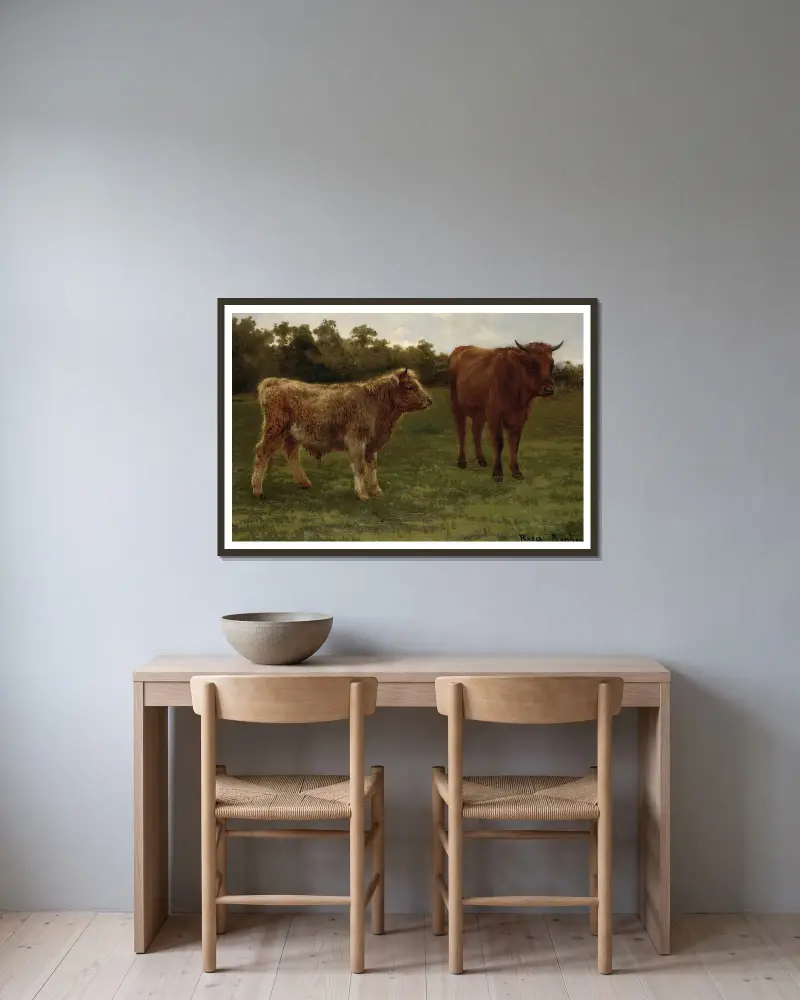 Dwie pasące się krowy, Rosa Bonheur w ramie na ścianie