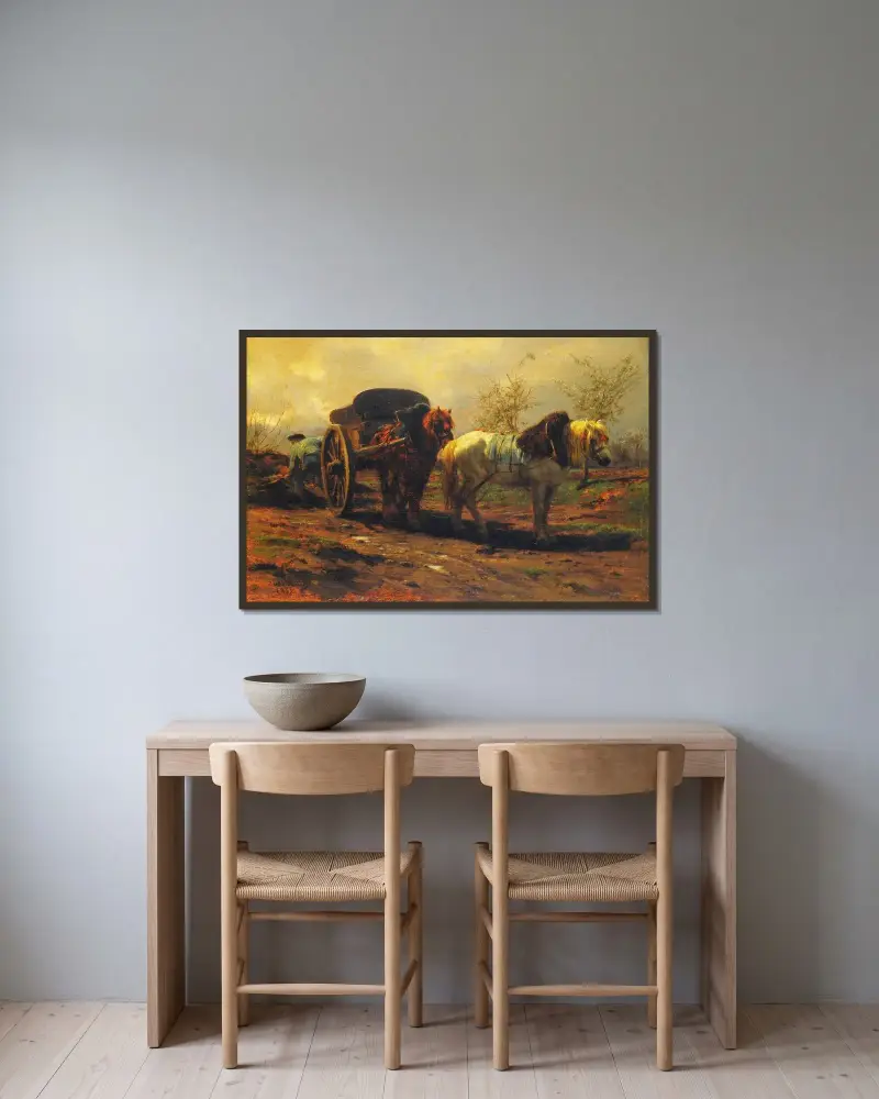 Två hästar för en kärra av Rosa Bonheur inramad på en vägg