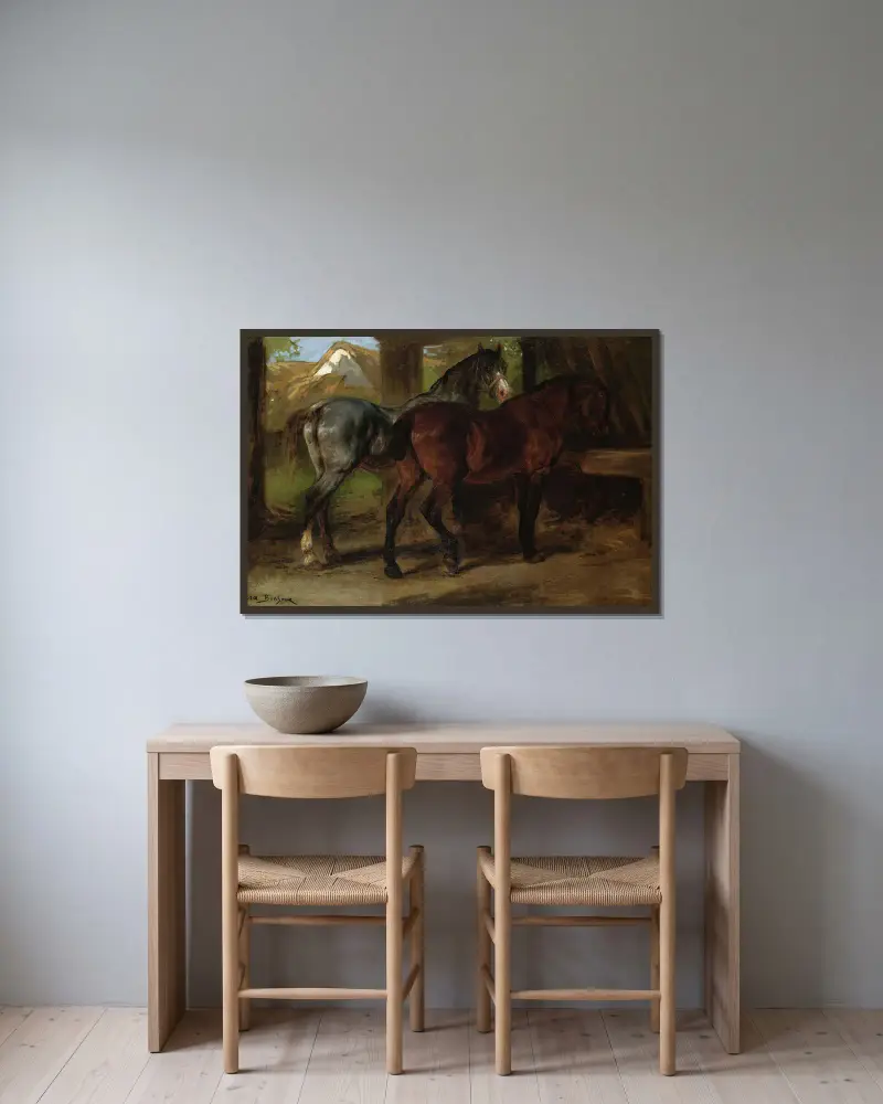 Two Horses In A Stable av Rosa Bonheur inramad på en vägg