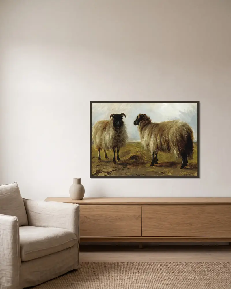 Zwei Widder in einer Landschaft von Rosa Bonheur gerahmt an einer Wand