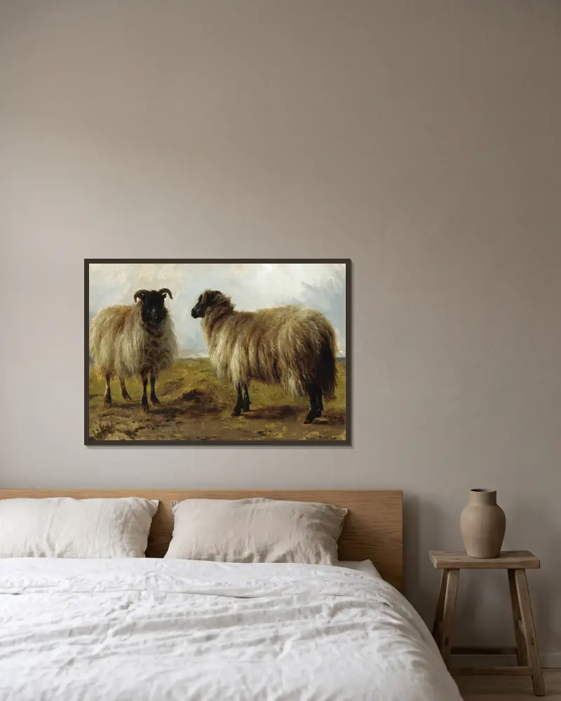 Zwei Widder in einer Landschaft von Rosa Bonheur gerahmt an einer Wand