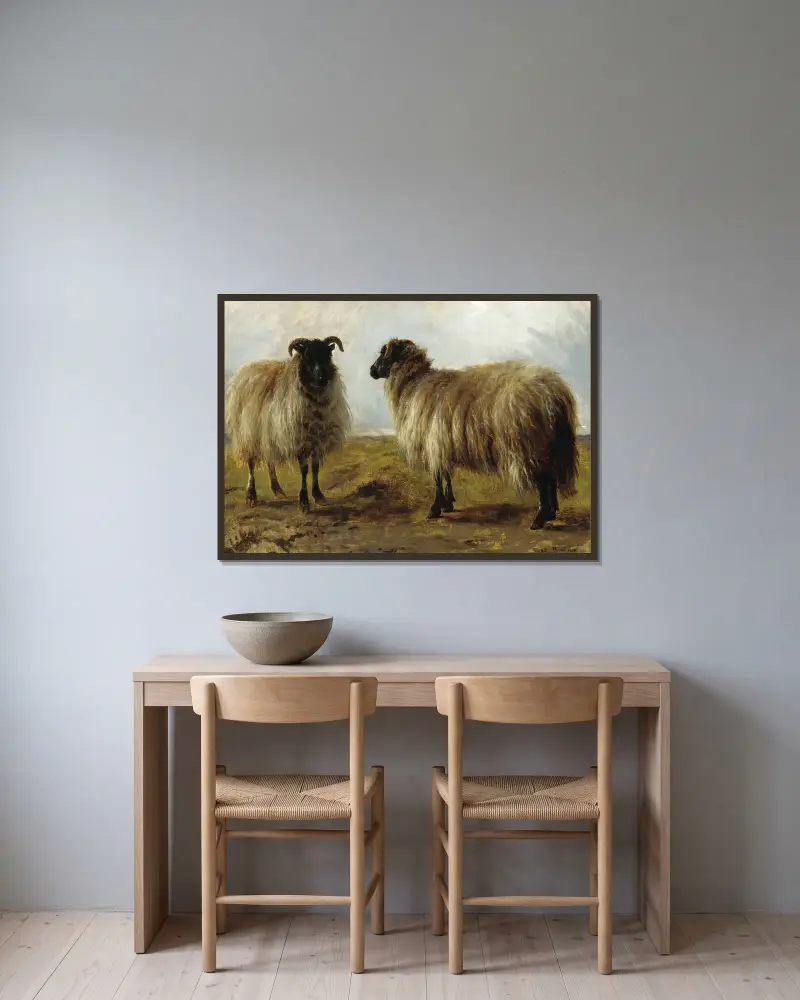 Zwei Widder in einer Landschaft von Rosa Bonheur gerahmt an einer Wand