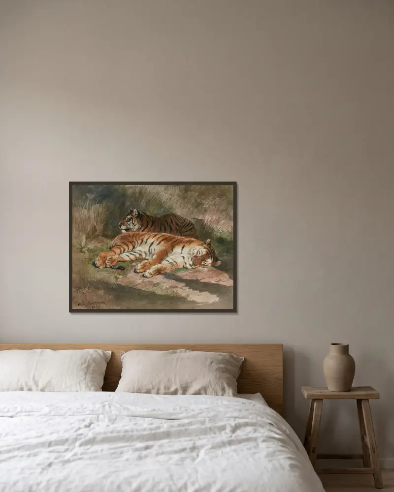 Zwei liegende Tiger von Rosa Bonheur gerahmt an einer Wand