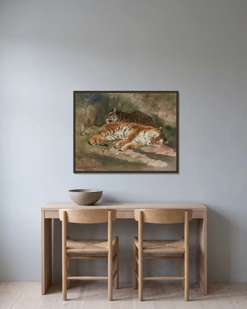 Zwei liegende Tiger von Rosa Bonheur gerahmt an einer Wand