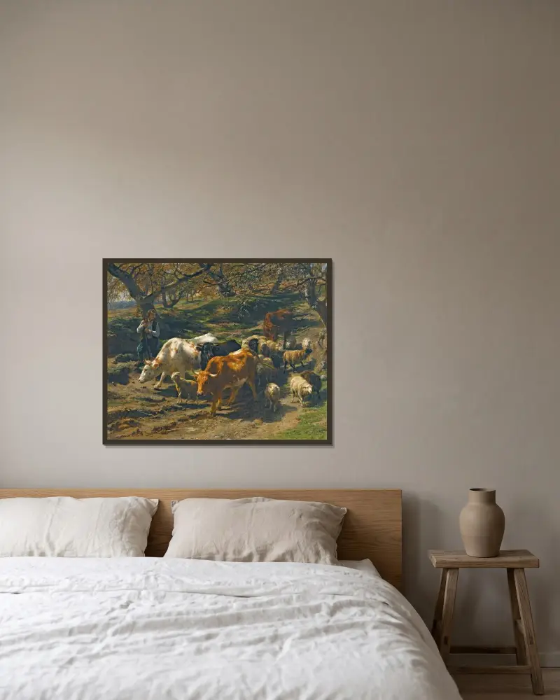 Ein Hirt mit seiner Herde von Rosa Bonheur gerahmt an einer Wand