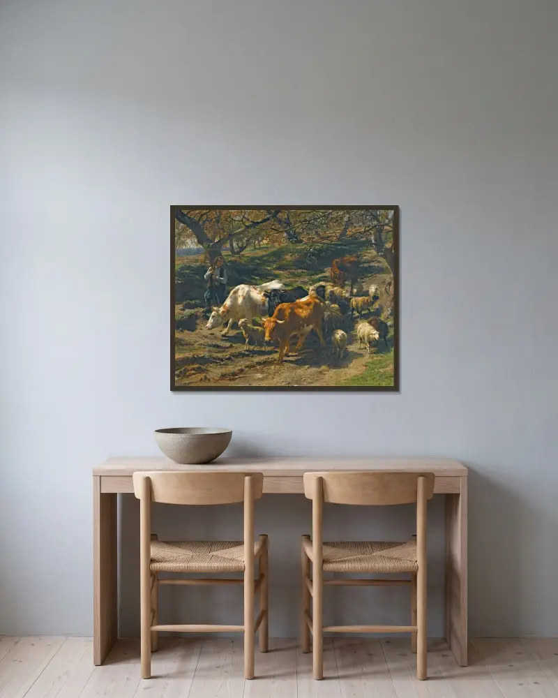 Ein Hirt mit seiner Herde von Rosa Bonheur gerahmt an einer Wand