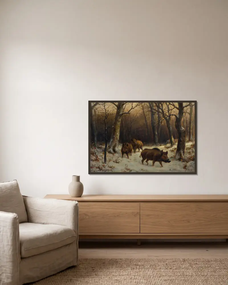 Wild Boars in the Snow av Rosa Bonheur inramad på en vägg