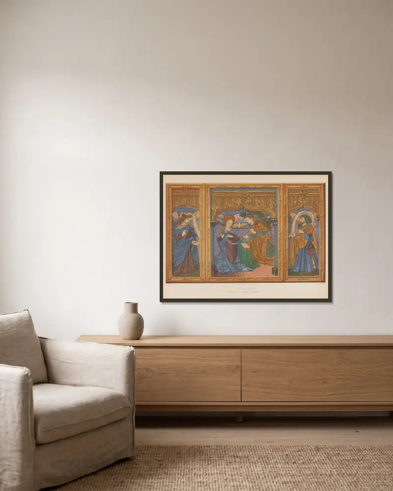 Emaille-Malerei, Triptychon, die Verkündigung von Joseph Rose Lemercier gerahmt an einer Wand