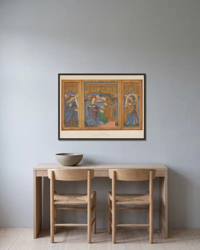 Emaille-Malerei, Triptychon, die Verkündigung von Joseph Rose Lemercier gerahmt an einer Wand