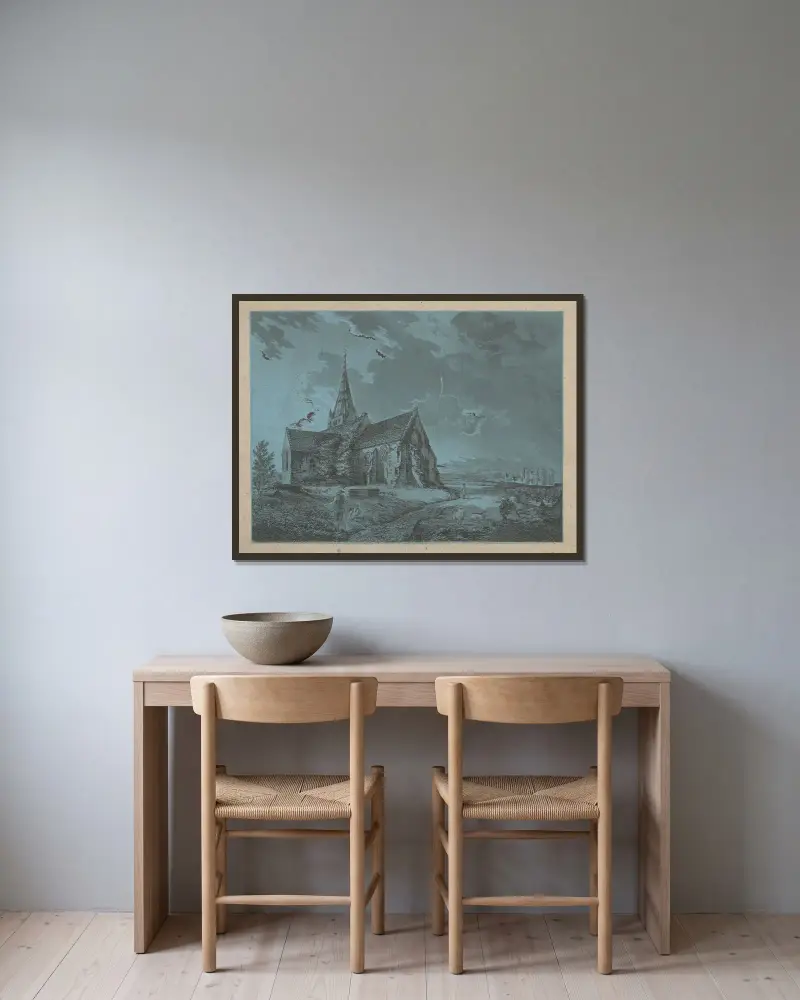 Lantkyrka med figurer, en med spade, nattetid av John Rubens Smith inramad på en vägg