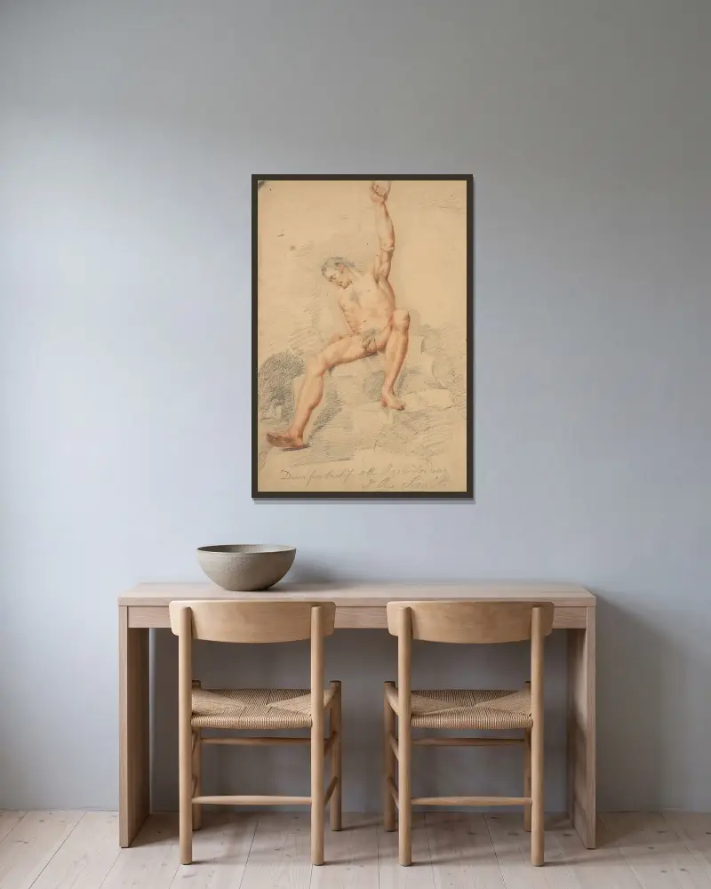 Manlig figur, naken, sittande, vänster arm uppsträckt och greppande ett rep, framifrån av John Rubens Smith inramad på en vägg