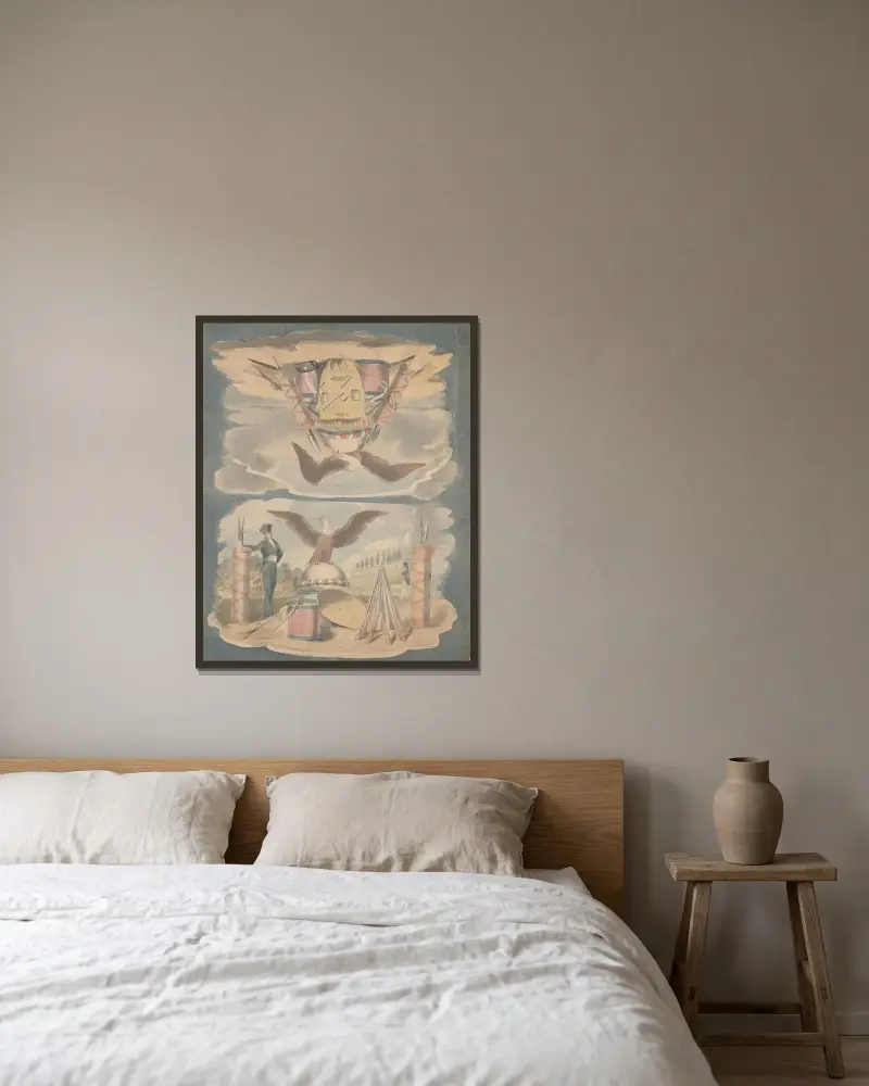 Zwei Vignetten mit Motiven für das Siegel der Stadt New York von John Rubens Smith gerahmt an einer Wand