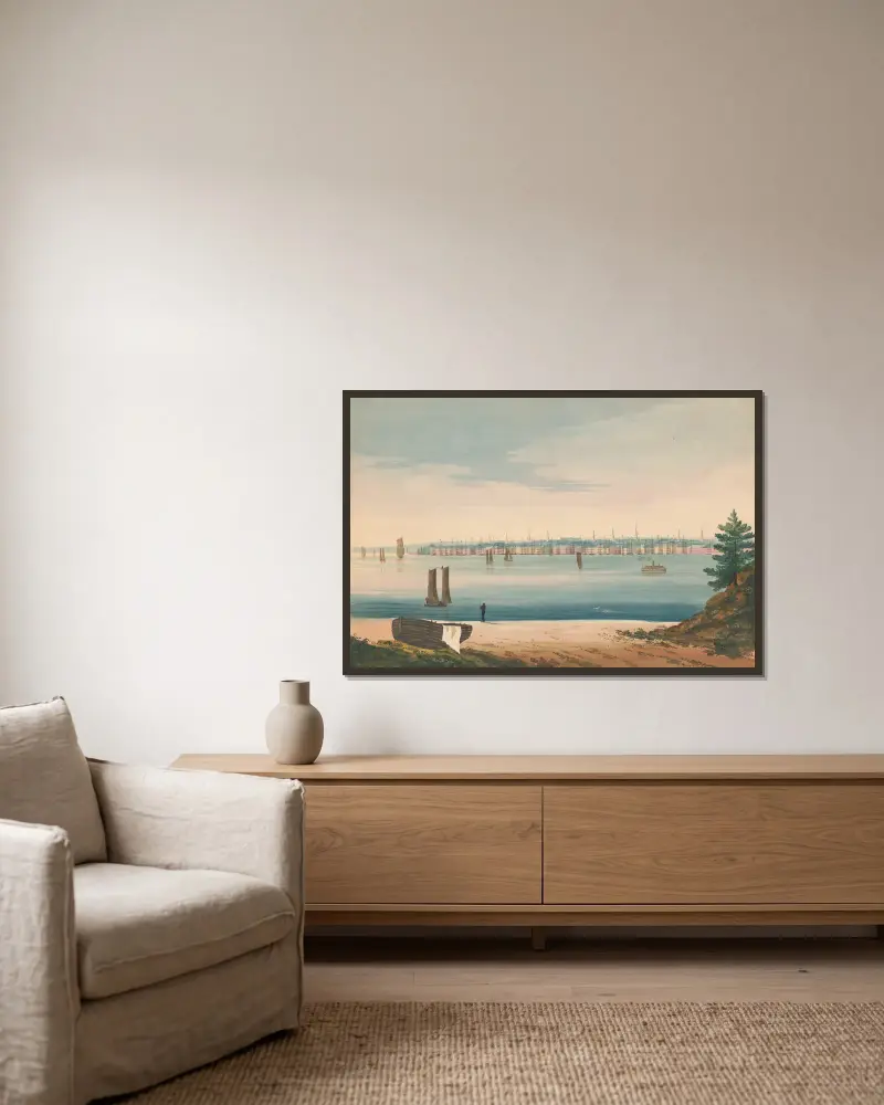 Vy över New York från Brooklyn Strand av John Rubens Smith inramad på en vägg
