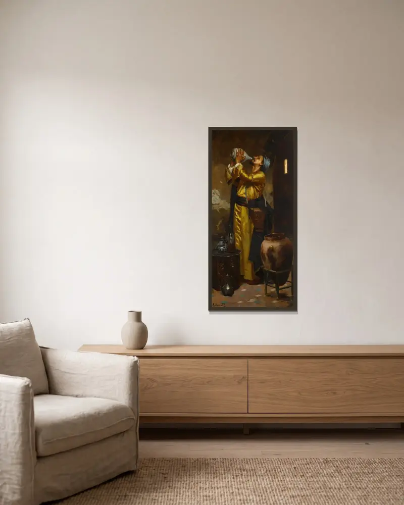 Ein erfrischender Trunk von Rudolf Ernst gerahmt an einer Wand