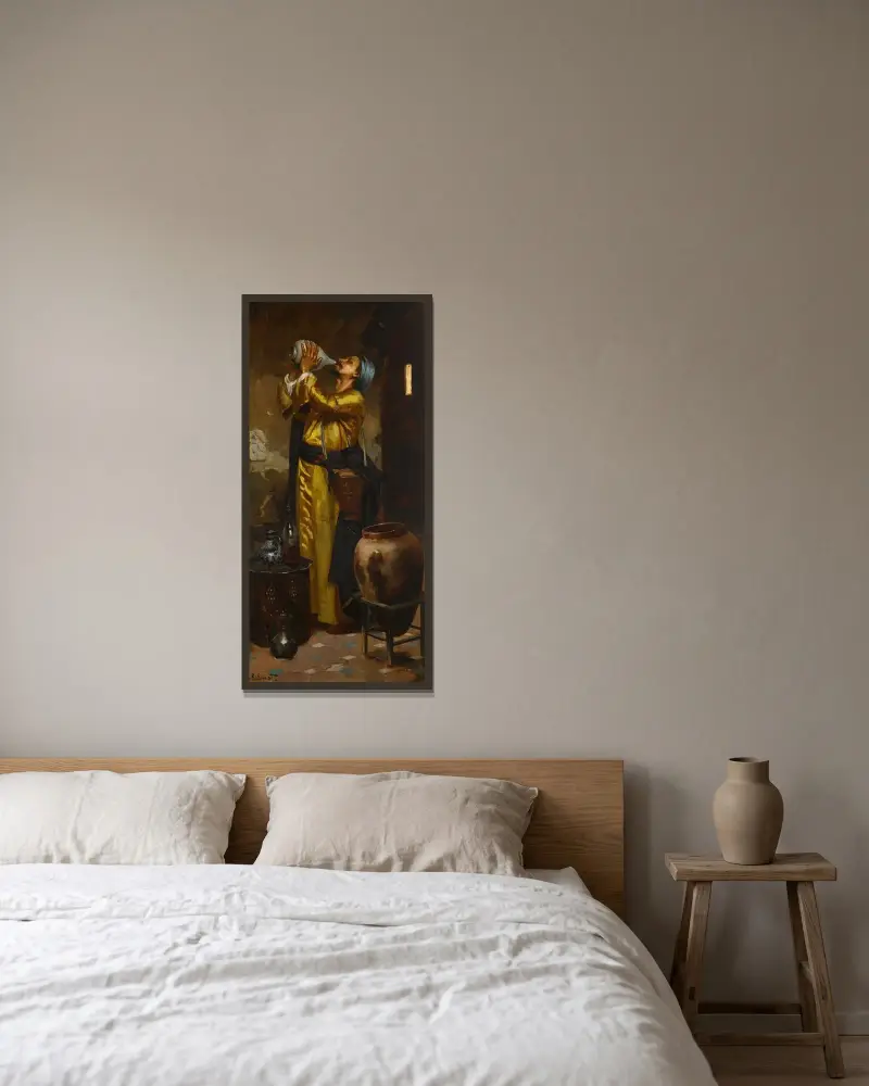 Ein erfrischender Trunk von Rudolf Ernst gerahmt an einer Wand