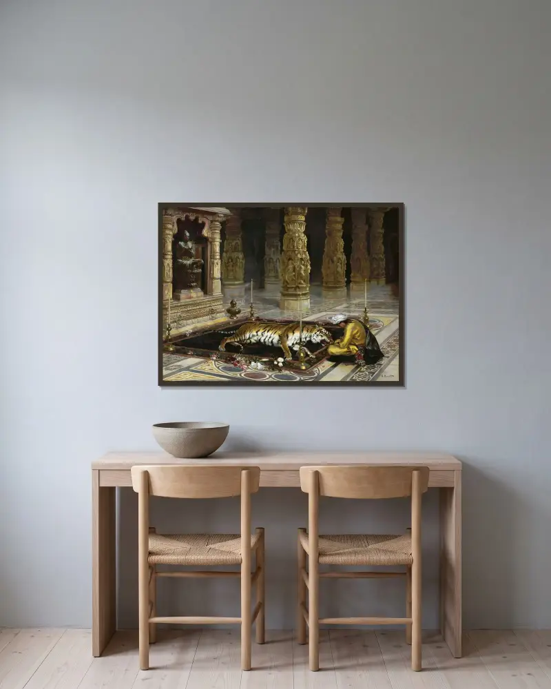 Dem Tiger huldigend von Rudolf Ernst gerahmt an einer Wand