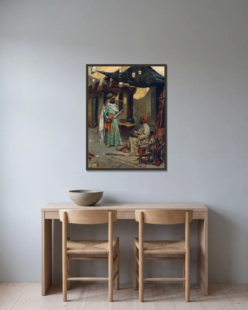 Der Waffenhändler von Rudolf Ernst gerahmt an einer Wand