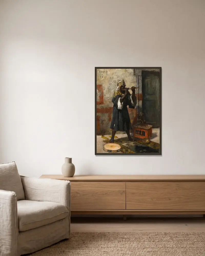 Der Flötenspieler von Rudolf Ernst gerahmt an einer Wand