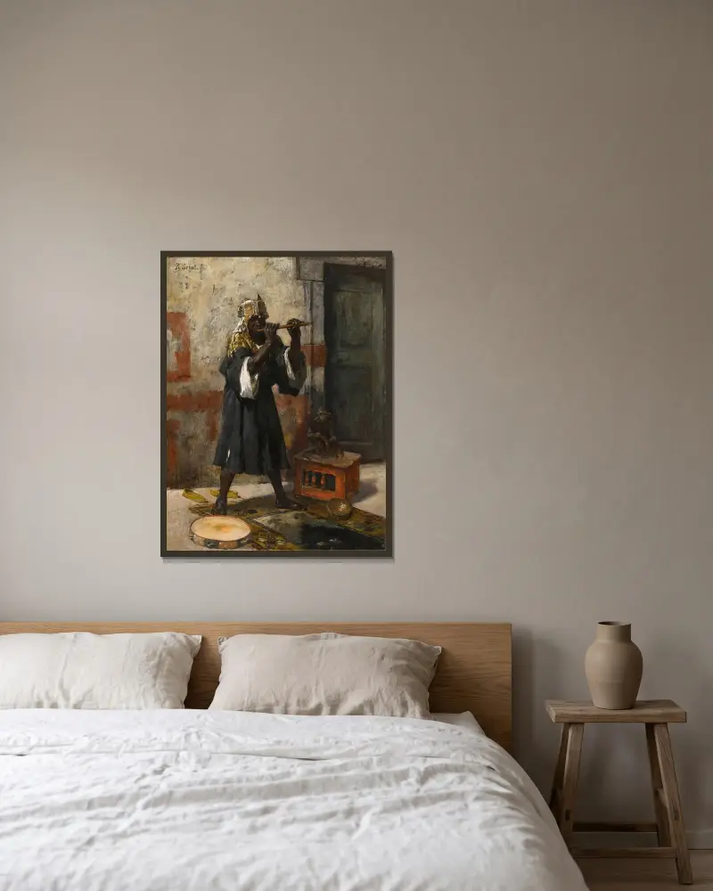 Der Flötenspieler von Rudolf Ernst gerahmt an einer Wand